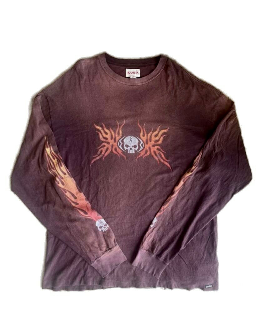 カミヤ KAMIYA 26AW Skull Flame Distressed L/S Tee ロンT スカル ファイヤーパターン 長袖 M ボルドー IBO96 メンズ  260504