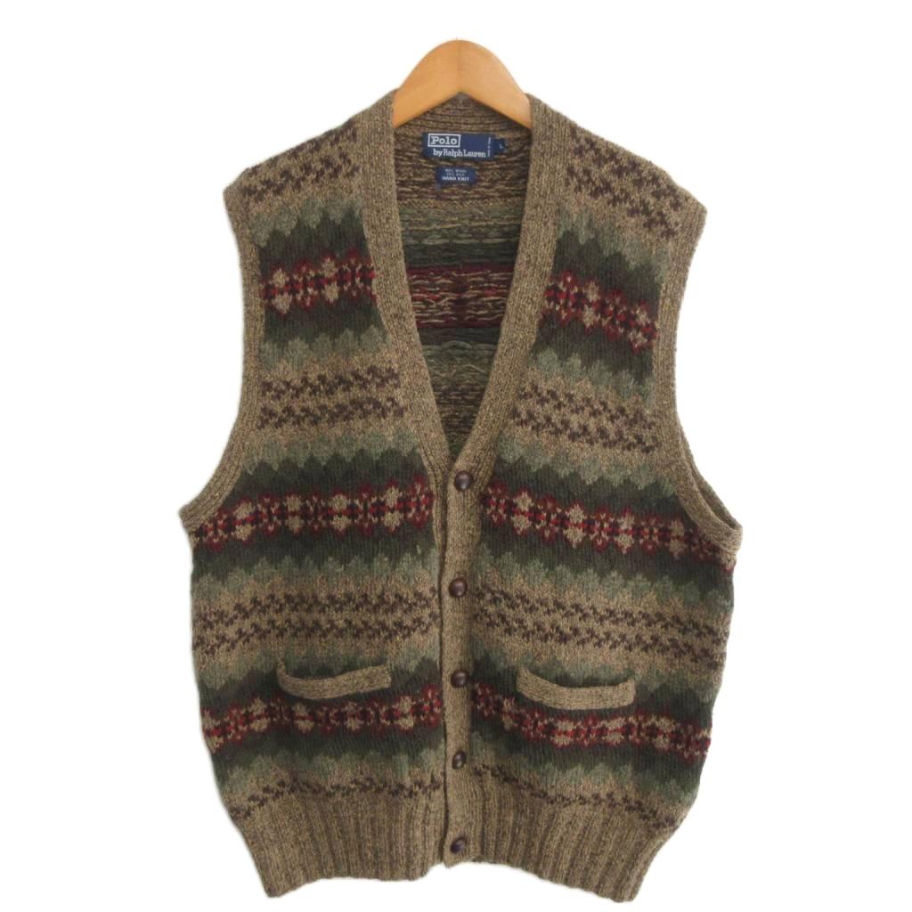 【中古】ポロ バイ ラルフローレン Polo by Ralph Lauren 90s HAND KNIT ニットベスト ネイティブ柄 くるみボタン L アースカラー IBO96 メンズ 【ベクトル 古着】 260514