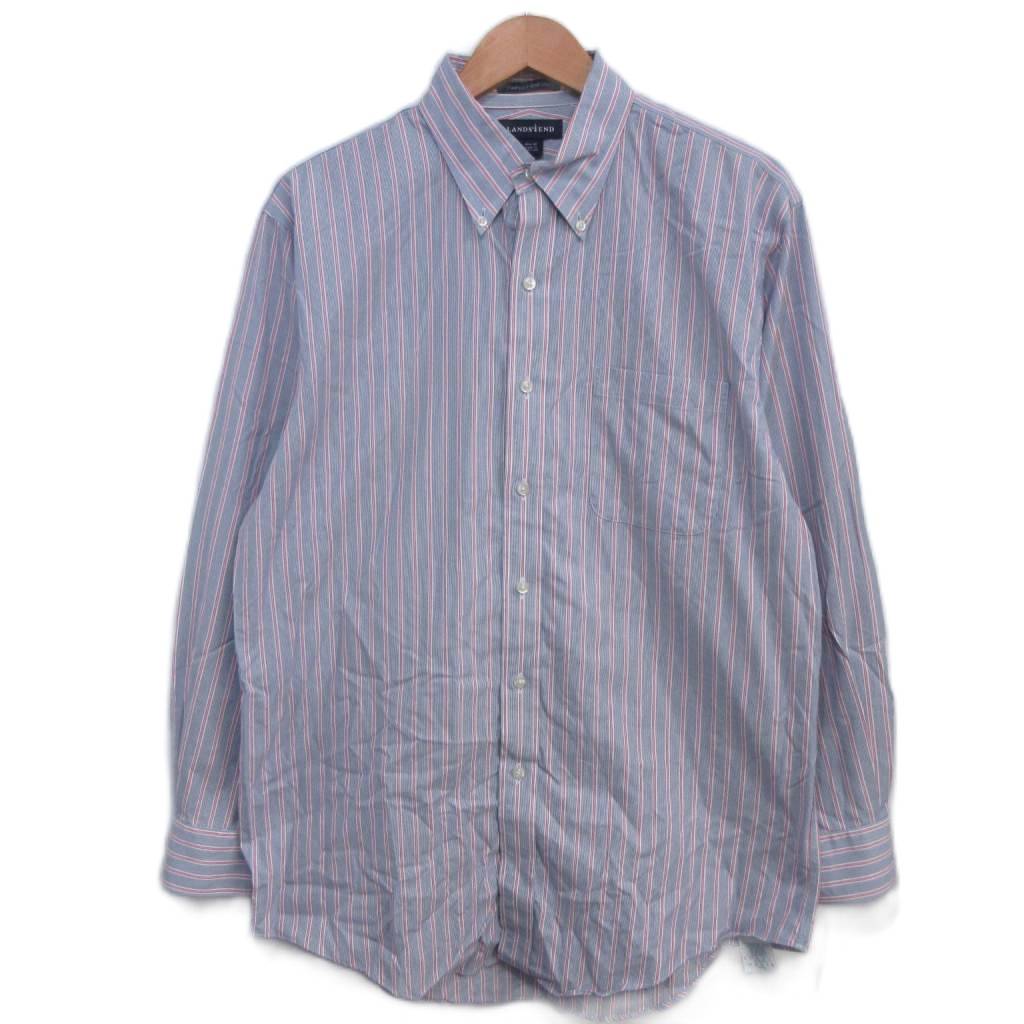 【中古】ランズエンド LANDS' END ボタンダウンシャツ ストライプ柄 長袖 約M 赤 レッド 紺 ネイビー ■IBO104 メンズ 【ベクトル 古着】 260829