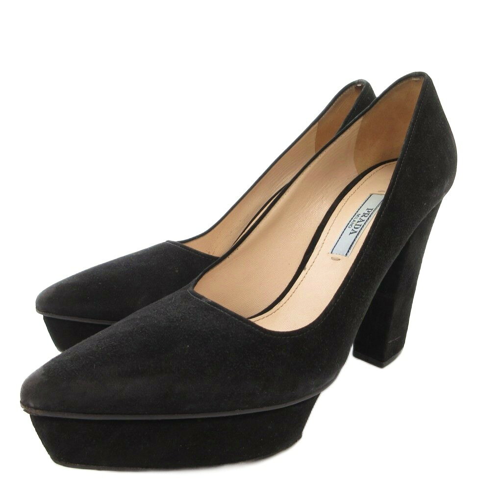 【中古】プラダ PRADA パンプス プラットフォーム 太ヒール スエード 37.5 黒 ブラック IBO105 /SX レディース 【ベクトル 古着】 261005