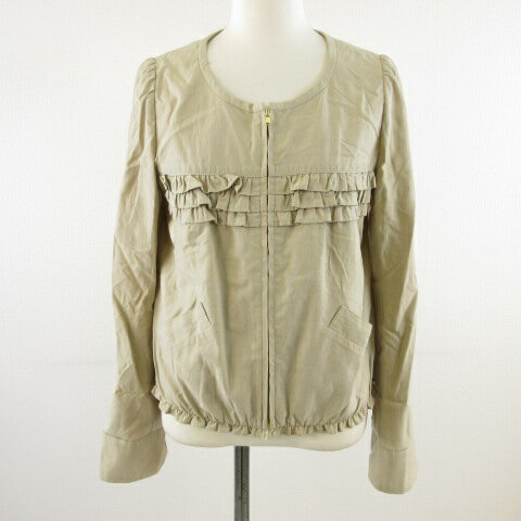 【中古】シンシアローリー CYNTHIA ROWLEY ノーカラージャケット 長袖 ジップアップ フリル ベージュ 2 *T882 レディース 【ベクトル 古着】 230125