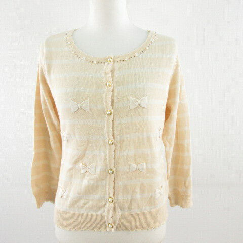 【中古】プライムパターン PRIME PATTERN ニットカーディガン 七分袖 ボーダー リボン ベージュ *A676 レディース 【ベクトル 古着】 230406