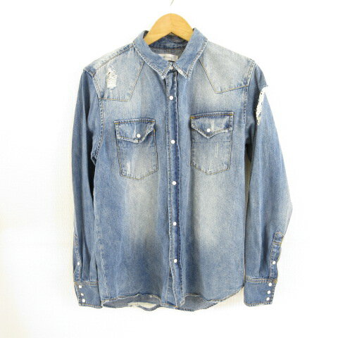 【中古】インプリーブス improves デニムシャツ 長袖 ダメージ 青 M *T173 メンズ 【ベクトル 古着】 230516