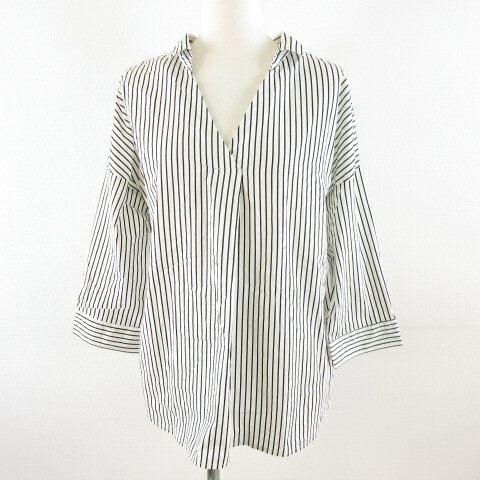 【中古】ザショップティーケー THE SHOP TK カットソー シャツ ストライプ スキッパー 七分袖 白 黒 M *A608 レディース 【ベクトル 古着】 230926