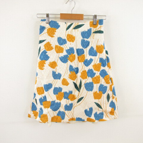 【中古】eGGs スカート ひざ丈 フレア 花柄 総柄 オフホワイト 白 青 からし色 黄 40 *T447 レディース..