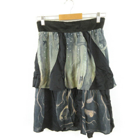 【中古】フラボア FRAPBOIS ひざ丈スカート フレア 総柄 黒 紺 1 *A380 レディース 【ベクトル 古着】 240227