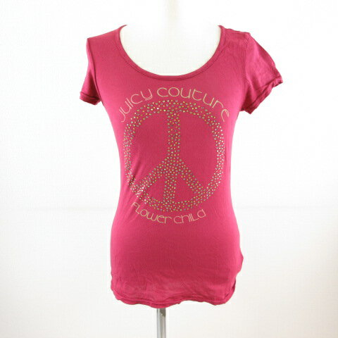 【中古】ジューシークチュール JUICY COUTURE カットソー Tシャツ 半袖 プリント ロゴ ラインストーン 赤 P T688 レディース 【ベクトル 古着】 240307