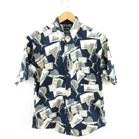 【中古】ピューリタン PURITAN アロハボタンダウンシャツ 半袖 カジキ柄 紺 白 M *A449 メンズ 【ベク..