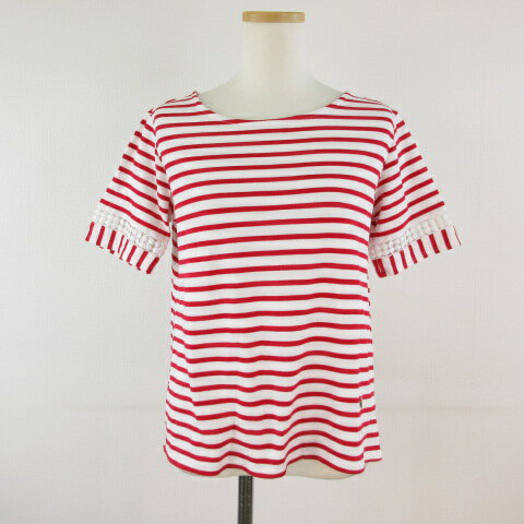 【中古】エニワイズ anywise カットソー 半袖 ボーダー レース 白 赤 S *T288 レディース 【ベクトル 古着】 240807