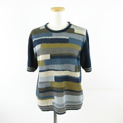 【中古】ハレルヤ サマーニット リネン混 半袖 総柄 紺 茶 *A814 レディース 【ベクトル 古着】 250512