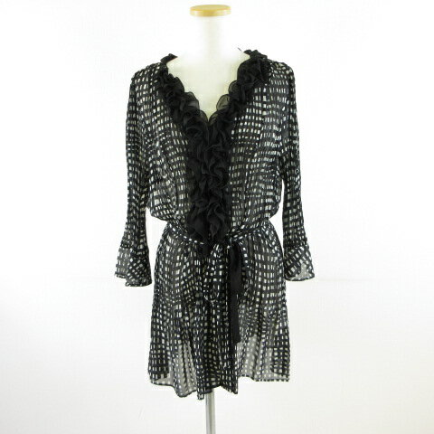 【中古】ピエールカルダン Pierre Cardin シャツチュニック 七分袖 総柄 プリーツ 黒 44 *T172 レディース 【ベクトル 古着】 250902