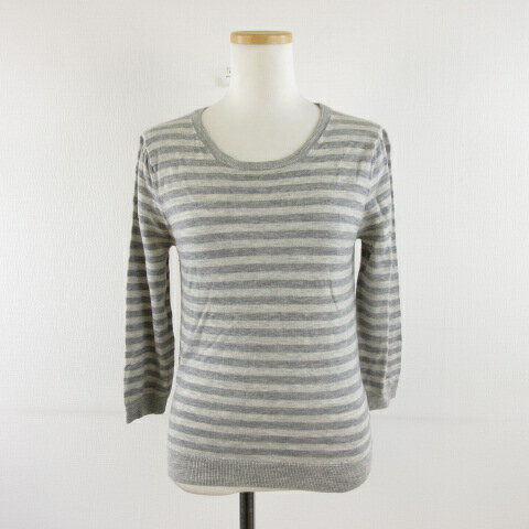 【中古】ヒューマンウーマン HUMAN WOMAN ボーダーウールニット 七分袖 グレー 2 M *A836 レディース ..
