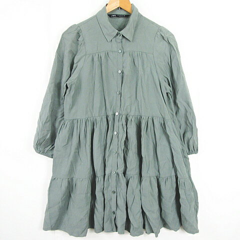 【中古】ザラ ZARA ティアード ワンピース 長袖 膝丈 XS グリーン 7901/908 小さいサイズ kz8809 レディース 【ベクトル 古着】 240725