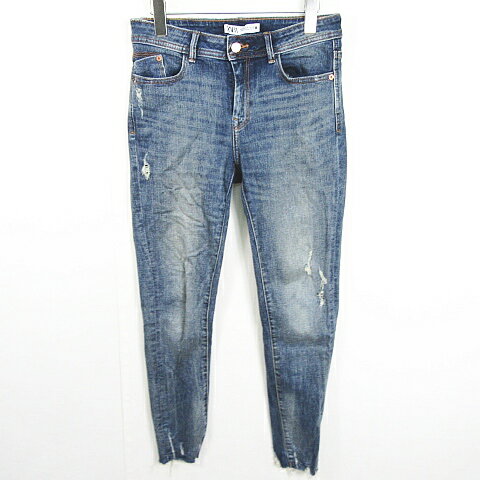 【中古】ザラ ZARA デニム パンツ ジーンズ スキニー カットオフ ストレッチ 38 ブルー ダメージ加工 8228/227 kz11218 レディース 【ベクトル 古着】 250328