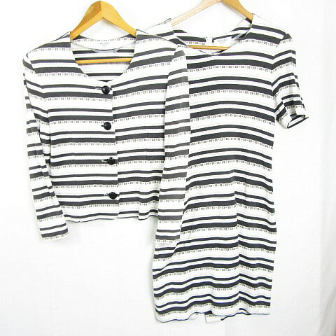 【中古】ミカレディ MICALADY セットアップ ジャケット ワンピース ヴィンテージ 半袖 膝下丈 肩パッド 綿 M ホワイト ブラック ボーダー 総柄 k...