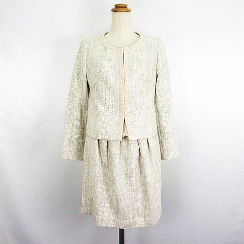 【中古】グローブ grove セットアップ ワンピーススーツ ジャケット ノーカラー 長袖 ワンピース 長袖 ひざ丈 ドッキング シフォン ラメ M アイボリー...