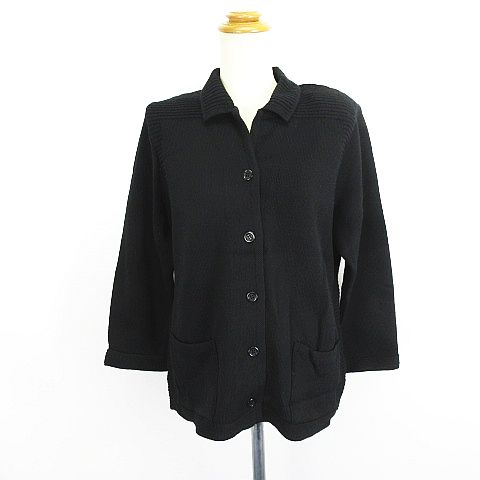 【中古】里麻 ニット カーディガン 長袖 衿付き スキッパーカラー ウール LL ブラック ※EKM レディース 【ベクトル 古着】 240310