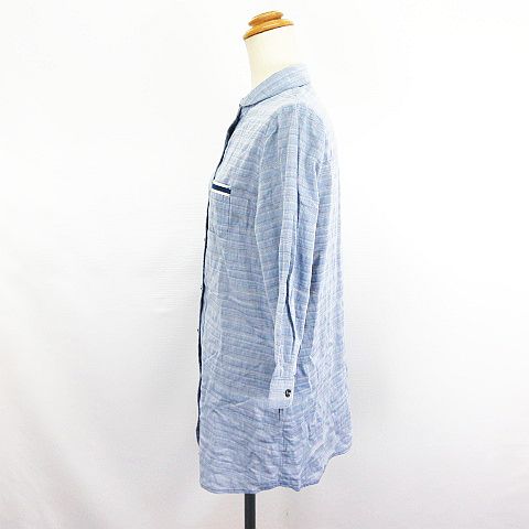 【中古】ゴールデンベア GOLDEN BEAR シャツ チュニック ワンピース 七分袖 ボーダー コットン L ネイビー ※EKM レディース 【ベクトル 古着】 241021