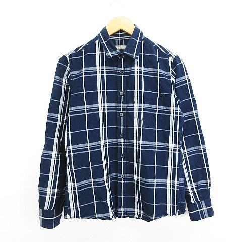 【中古】ナノユニバース nano universe シャツ 長袖 チェック 胸ポケット 麻混 S ネイビー ※EKM メンズ 【ベクトル 古着】 250213