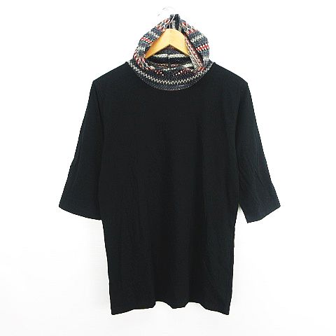 【中古】未使用品 CONTRIBE Tシャツ カットソー 五分袖 フーディ 異素材 コットン L ブラック ※EKM メンズ 【ベクトル 古着】 250407