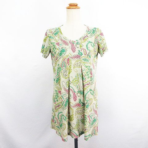 【中古】コルディア CORDIER チュニック カットソー半袖 Vネック ペイズリー柄 タック 40 グレージュ ※EKM レディース 【ベクトル 古着】 250826