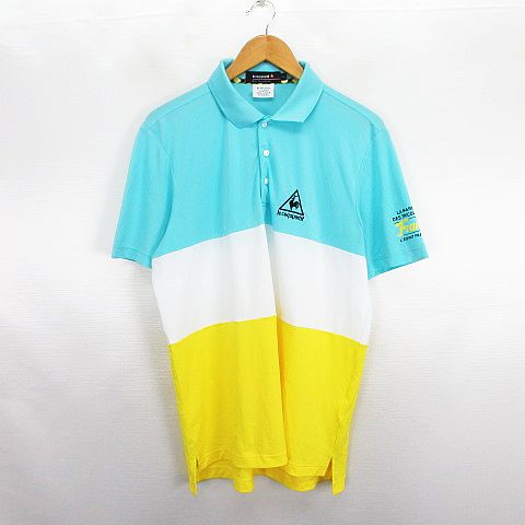 【中古】ルコックスポルティフ le coq sportif GOLF COLLECTION ポロシャツ 半袖 ロゴ 薄手 ストレッチ L ライトブルー×ホワイト×イエロー ※EKM メンズ 【ベクトル 古着】 260718