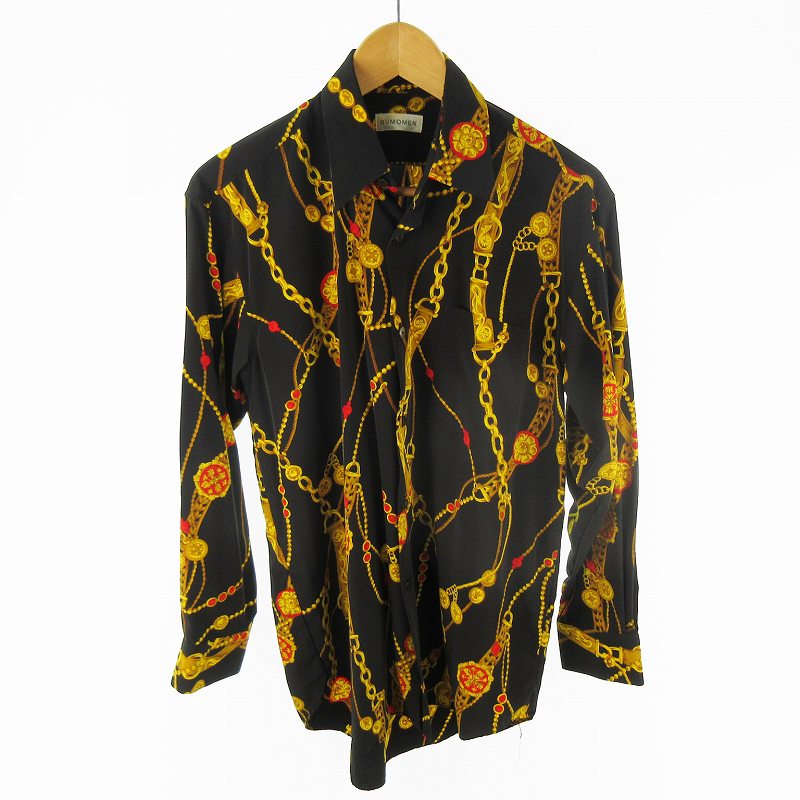 【中古】GUMOMEN シャツ 長袖 総柄 チェーン ブラック イエロー レッド レトロ ヴィンテージ オールド L-XL トップス メンズ 【ベクトル 古着】 241015