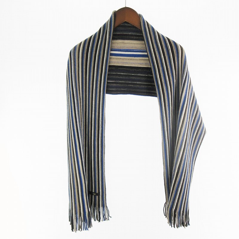 【中古】イネド INED HOMME オム マフラー ニット ボーダー ベージュ ブルー ブラック ウール 150cm×30..
