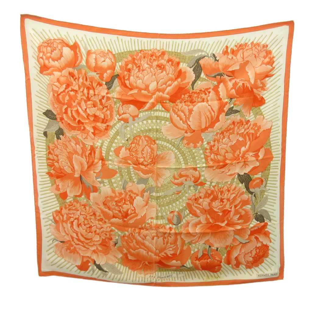 エルメス HERMES 美品 Les Pivoines 芍薬 牡丹 カレ90 スカーフ 花柄 絹 シルク ピンク 白 ホワイト 0615 レディース  260615