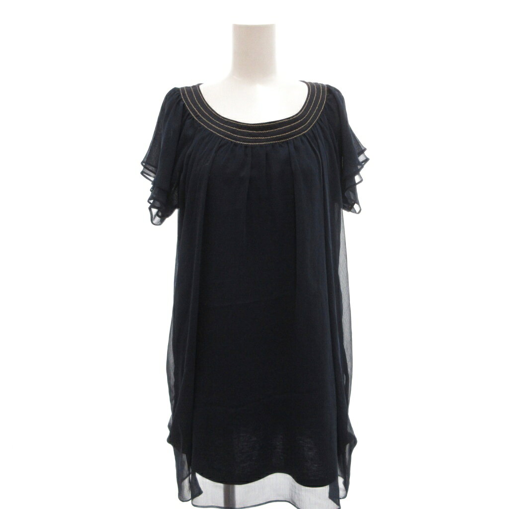 【中古】ミッシェルクラン MICHEL KLEIN 美品 チュニック シフォン カットソー Tシャツ 38 紺 ネイビー ラウンドネック 半袖 ギャザー /NL ■IBO100 レディース 【ベクトル 古着】 260802