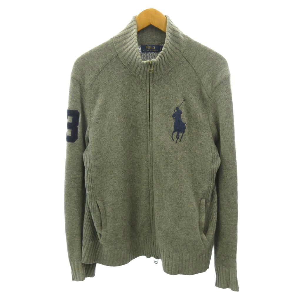 【中古】ポロ ラルフローレン POLO RALPH LAUREN ドライバーズニット カーディガン ジップアップ ビッグポニー ロゴ 刺繍 エルボーパッチ ウール L グレー 0817 メンズ 【ベクトル 古着】 260817