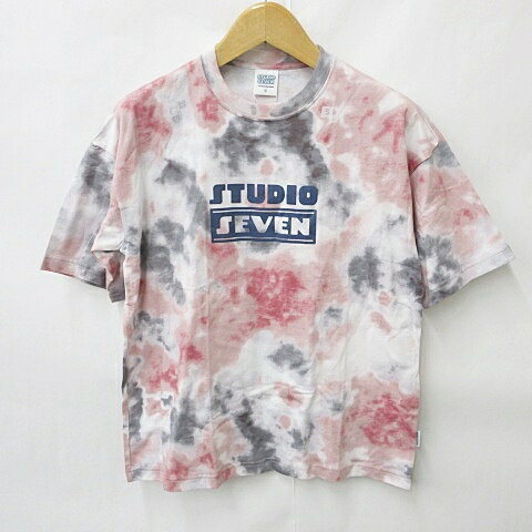 【中古】未使用品 ジーユー GU STUDIO SEVEN2 X Tシャツ 五分袖 オーバーサイズT 丸首 総プリント ぼかし柄 タイダイ ロゴ グレー ピンク S メンズ 【ベクトル 古着】 240215