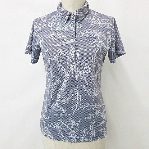 【中古】キャロウェイ CALLAWAY ゴルフ ポロシャツ 半袖 刺繍 ロゴ チェック リーフ柄 黒 白 ブラック ホワイト グレー S レディース 【ベクトル 古着】 240619