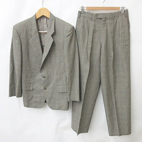【中古】georges rech homme セットアップ スーツ ジャケット スラックス テーラード シングル タック ウール チェック グレージュ ブラック 黒 S 73 メンズ 【ベクトル 古着】 240725