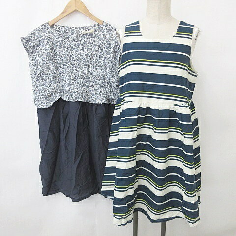 【中古】未使用品 セポ CEPO ワンピース 2枚セット 膝丈 ノースリーブ ボーダー レイヤー異素材切替 花柄 無地 紺 ベージュ 黄 イエロー グレー 白 ...