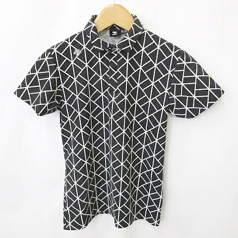 【中古】デサント DESCENTE GOLF ゴルフ ポロシャツ 半袖 総柄 黒 白 ブラック ホワイト グレー M メンズ 【ベクトル 古着】 240816