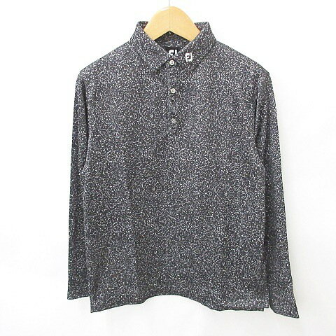 【中古】フットジョイ FootJoy ゴルフ ポロシャツ 長袖 総柄 黒 白 グレー ブラック ホワイト XL メンズ 【ベクトル 古着】 240924