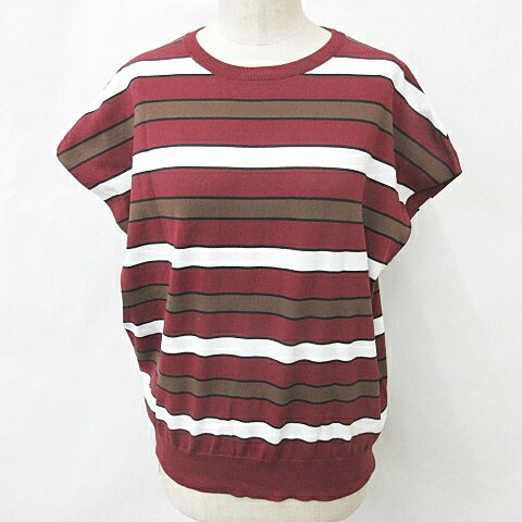 【中古】アンタイトル UNTITLED ニット 半袖 丸首 ボーダー 綿 赤 白 茶 レッド ホワイト ブラウン 2 ..