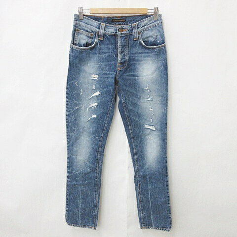 【中古】ヌーディージーンズ nudie jeans パンツ デニム ジーンズ ストレート ロング ボタンフライ ダメージ加工 刺繍 綿 青 ブルー 30-32 メンズ 【ベクトル 古着】 250507 【中古】ヌーディージーンズ nudie jeans パンツ デニム ジーンズ ストレート ロング ボタンフライ ダメージ加工 刺繍 綿 青 ブルー 30-32 メンズ 【ベクトル 古着】 250507