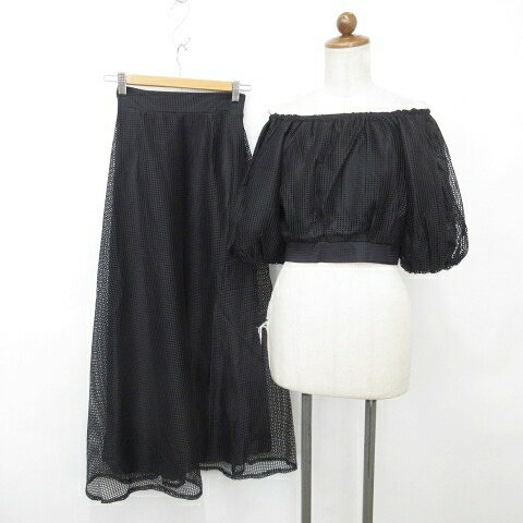 【中古】未使用品 ヘザー Heather セットアップ ブラウス スカート 半袖 リボン ロング丈 フレア ブロックメッシュ 黒 ブラック F レディース 【ベクトル 古着】 250520