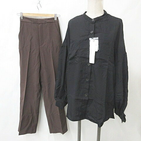 【中古】未使用品 ヘザー Heather ジーユー GU シャツ パンツ 2枚セット 長袖 バンドカラー ロング丈 黒 茶 ブラック ブラウン F S レディース 【ベクトル 古着】 250529