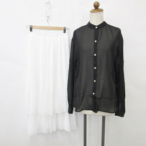 【中古】未使用品 SpRay girlydoll ブラウス スカート 2枚セット 長袖 バンドカラー シフォン プリーツ ロング 総ゴム 黒 白 ブラック ホワイト F レディース 【ベクトル 古着】 250620(4)