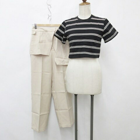 【中古】未使用品 アプレジュール apres jour カラウティア callautia Tシャツ パンツ 2枚セット 半袖 丸首 ボーダー ワイドパンツ ロング ペプラム 黒 白 ベージュ ブラック ホワイト F S レディース 【ベクトル 古着】 250709