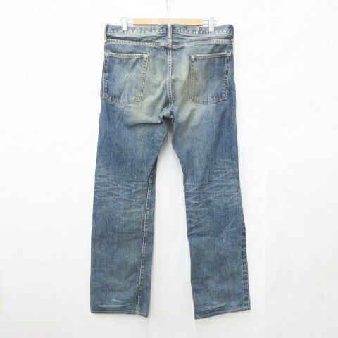 【中古】ローカルボーイズ LOCAL BOYZ デニム ジーンズ 古着 ストレート ロング ボタンフライ ダメージ 加工 コットン 紺 ネイビー 36 メンズ 【ベクトル 古着】 250808