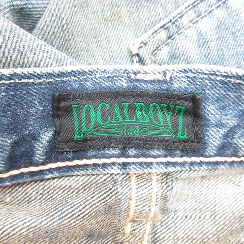 【中古】ローカルボーイズ LOCAL BOYZ デニム ジーンズ 古着 ストレート ロング ボタンフライ ダメージ 加工 コットン 紺 ネイビー 36 メンズ 【ベクトル 古着】 250808