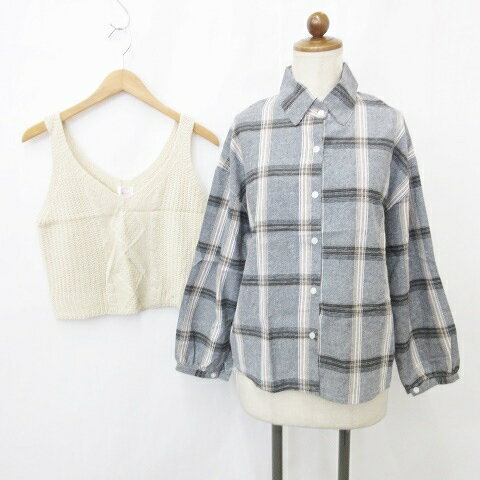 【中古】未使用品 NOA ブラウス ビスチェ 2枚セット 長袖 ニット Vネック チェック グレー ベージュ F ..