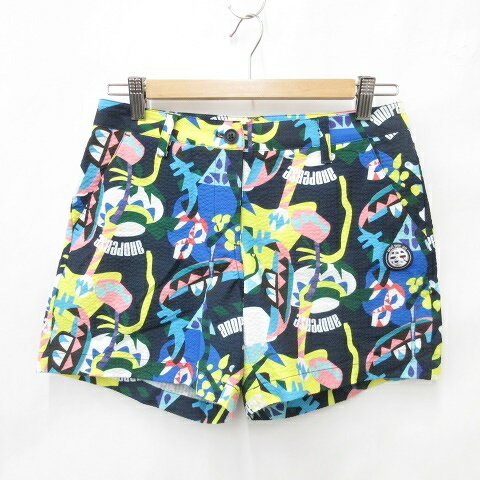 【中古】アンパスィ and per se ゴルフ スポーツウエア パンツ ショートパンツ 総柄 プリント 速乾 紺 ..