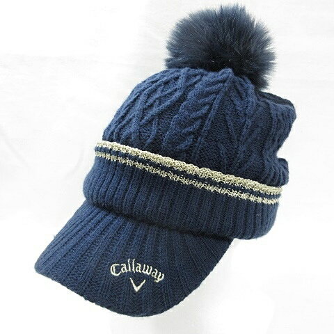 【中古】キャロウェイ CALLAWAY ゴルフ 帽子 ニット帽 ニットキャップ ボンボン ライン ロゴ ネイビー ..
