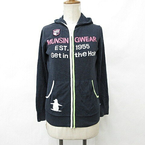【中古】マンシングウェア MUNSINGWEAR ゴルフ スポーツウエア ジャケット ニット パーカ フード ジップアップ 紺 ネイビー 白 ピンク 緑 ホワイト グリーン M レディース 【ベクトル 古着】 260416
