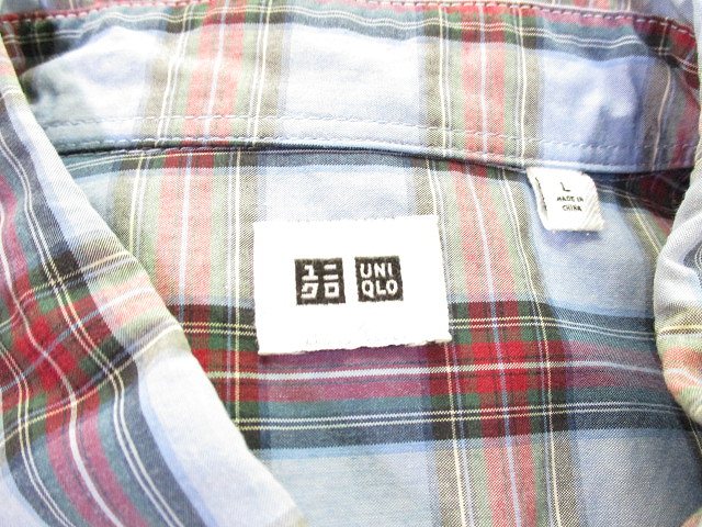 【中古】ユニクロ UNIQLO ボタンダウン シャツ 長袖 チェック柄 水色 ライトブルー L メンズ 【ベクトル 古着】 190928 ベクトルプレミアム店